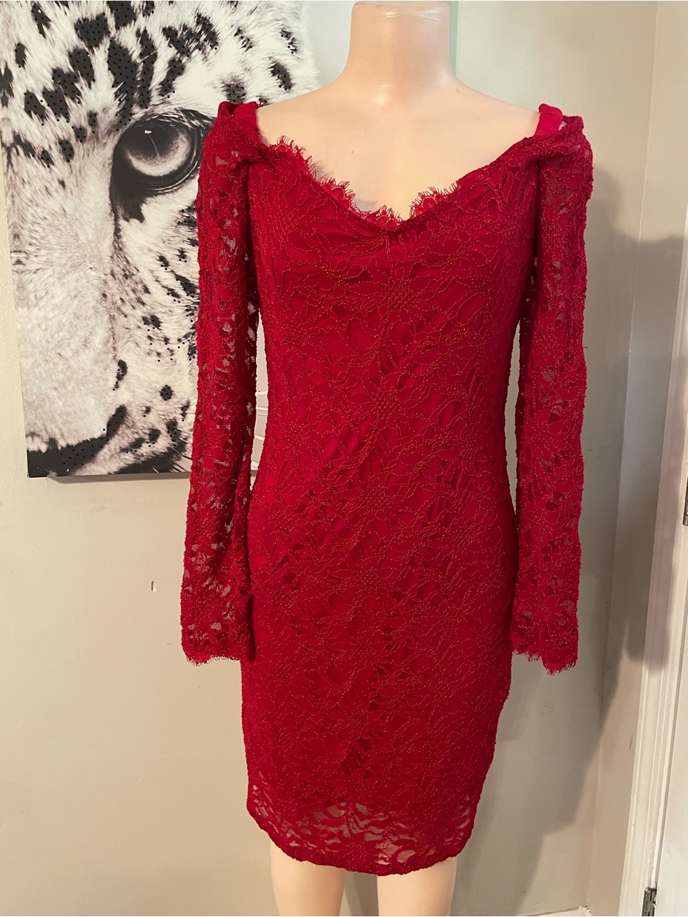 MARINA elegant goth inspired Red Lace Long-Sleeve Off-Shoulder Bodycon Dress 10